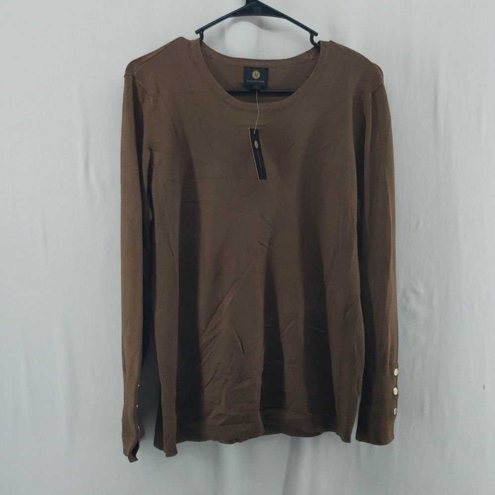 JM Collection Brown Sweater Medium Button Sleeve Cozy Casual Pullover (AL)